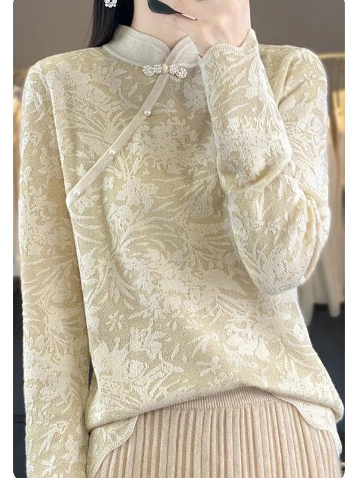 秋冬精纺羊毛衫纯色内搭毛衣蕾丝中式盘扣针织衫百搭QH-ZH2347 商品图4