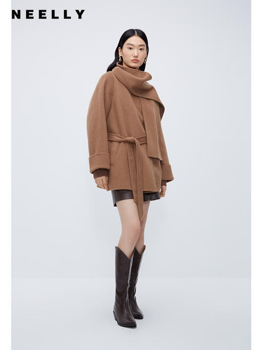 NEELLY纳俪商场同款可拆卸围巾领大衣女冬驼色短款双面呢羊毛外套N23105N01110 商品图1