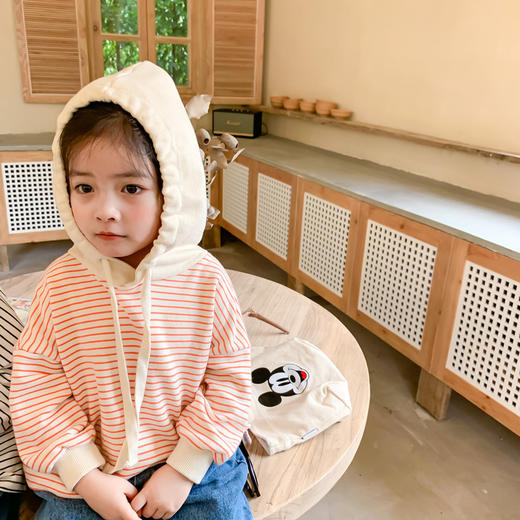 【韩版连帽条纹卫衣！时尚又俏皮】女童秋装卫衣韩版小童男童条纹宽松上衣，韩国童装无帽绳设计，更显清新自然。让女童自信穿出时尚态度，轻松展现休闲魅力lm 商品图4