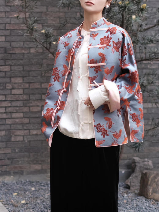 盛唐牡丹 |真丝漳绒立领新中式外套-冰蓝底 商品图1