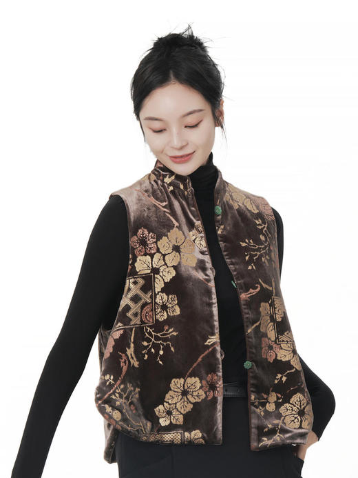 盛唐牡丹 |双面穿丝绒烫银天然玉石扣马甲 商品图1