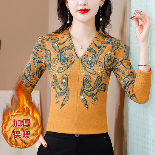 KQL-336H7106秋冬新款洋气减龄V领长袖打底衫加厚保暖妈妈t恤小衫 商品图2