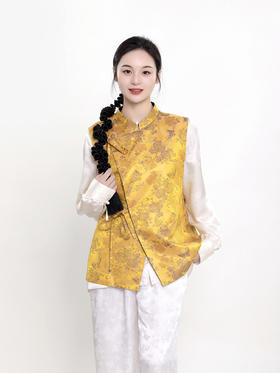 瑕疵|  盛唐牡丹 |花香引蝶真丝宋锦新中式马甲正反两穿（内衬布料随机搭配：黑色蝶恋花内衬或黑色清明上河图内衬）[特价品]](特殊商品不退不换)