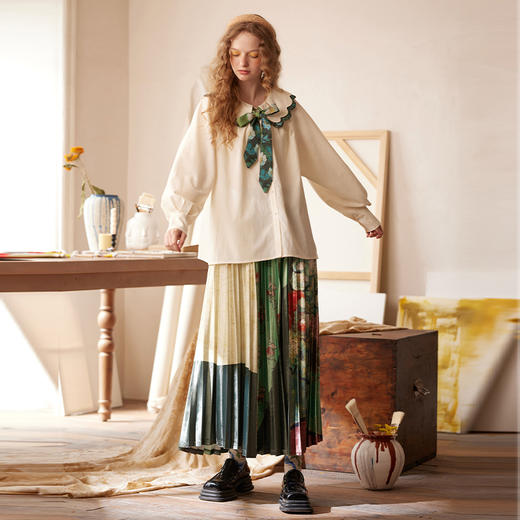 两三事梵高文艺余香流淌印花绑带波浪边翻领衬衫女 商品图2