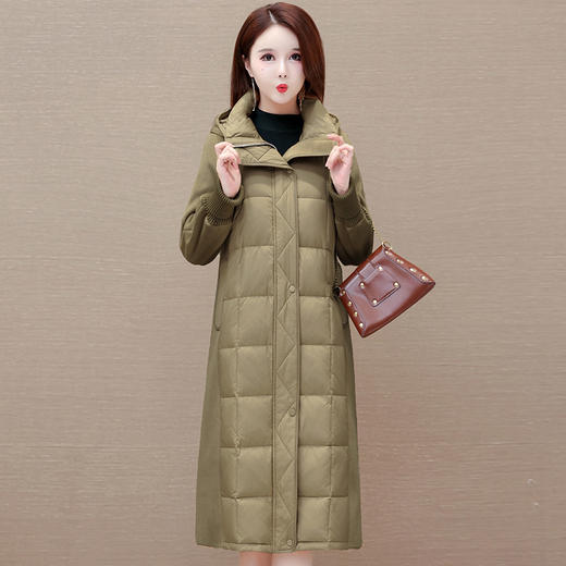 冬款长袖连帽时尚鸭绒外套，长款毛呢拼接洋气时髦保暖羽绒服QYM-XYKL-21125-L 商品图2
