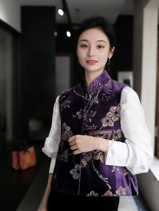 下架|盛唐牡丹 |真丝丝绒烫银对襟马甲 (四色可选) 商品图2