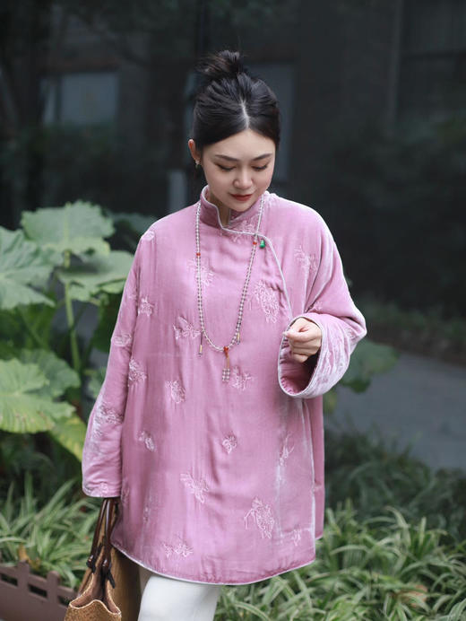 下架不再制作了//盛唐牡丹 |真丝丝绒绣花斜襟上衣 (夹棉) 商品图6