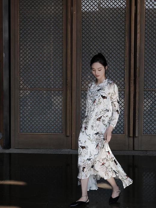 盛唐牡丹 |水墨喜上眉梢真丝丝绒女长裙 商品图1