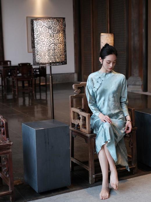 微瑕秒杀| 盛唐牡丹 |水蓝芙蓉花真丝提花斜襟旗袍裙[特价品](特殊商品不退不换) 商品图8