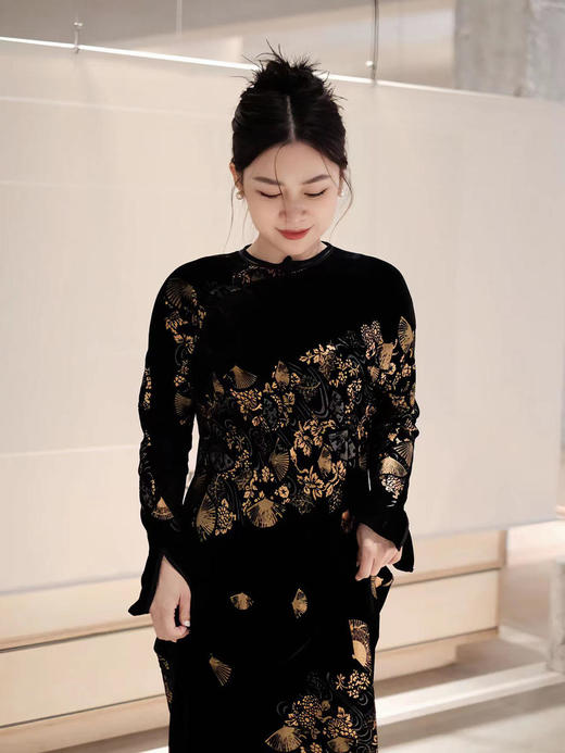 盛唐牡丹 |丝绒烫金改良旗袍裙 商品图7