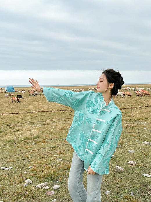 盛唐牡丹 |Tiffany蓝抽象牡丹漳绒外套 商品图8