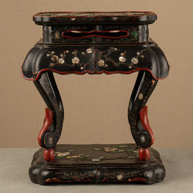 清 黑漆百宝嵌花鸟纹高束腰三弯腿带托泥香几摆件