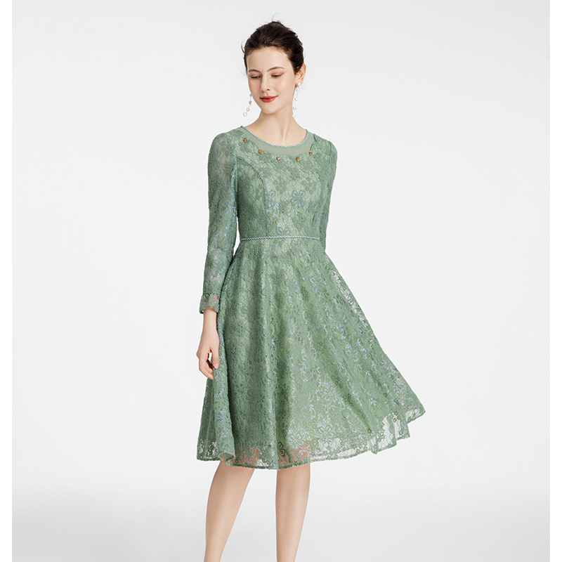 司歌羽毛蕾丝圆领长袖弹力连衣裙A881314