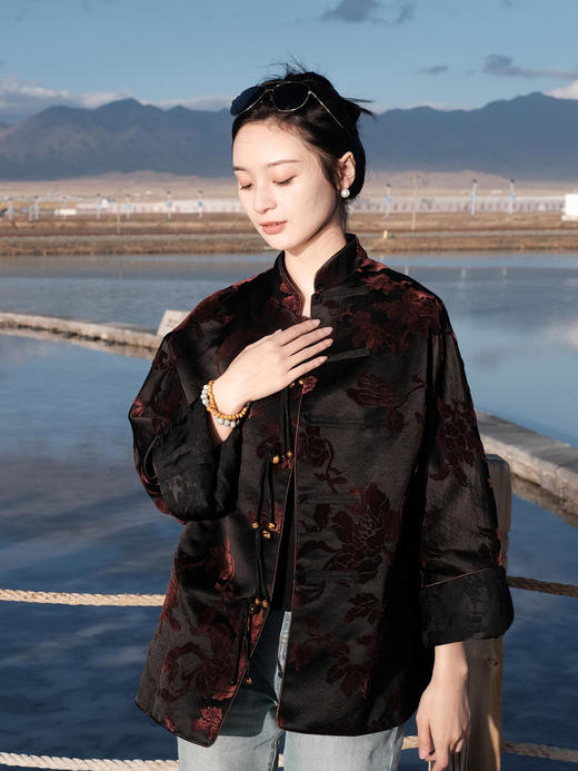 盛唐牡丹|酱色抽象牡丹漳绒外套 商品图1