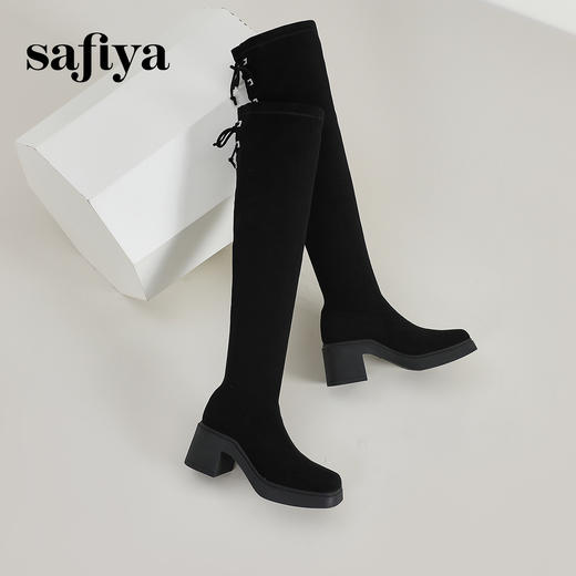 Safiya/索菲娅2023秋冬新款方头粗高跟显腿长弹力过膝长靴 SF34117403 商品图4