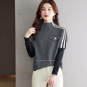 半高领细格纹毛衣，女秋冬新款假两件拼接长袖打底针织衫CC-JDS-8601