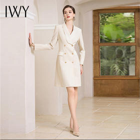 IWY/米白色西装连衣裙女新款双排扣西服裙时尚青果领职业装Q1014