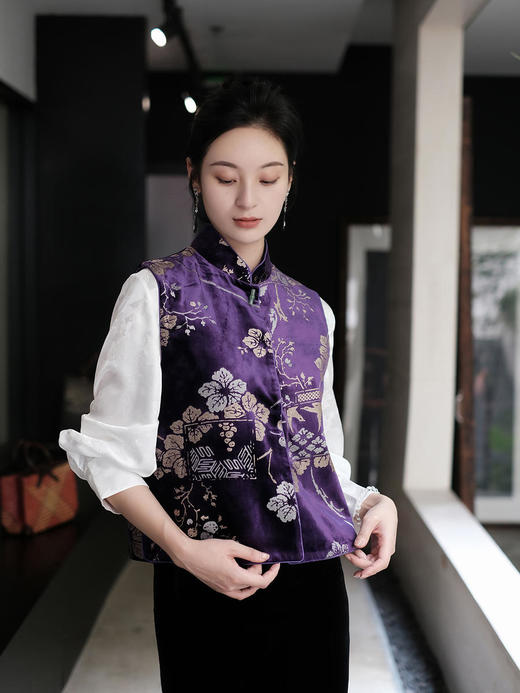 下架|盛唐牡丹 |真丝丝绒烫银对襟马甲 (四色可选) 商品图0