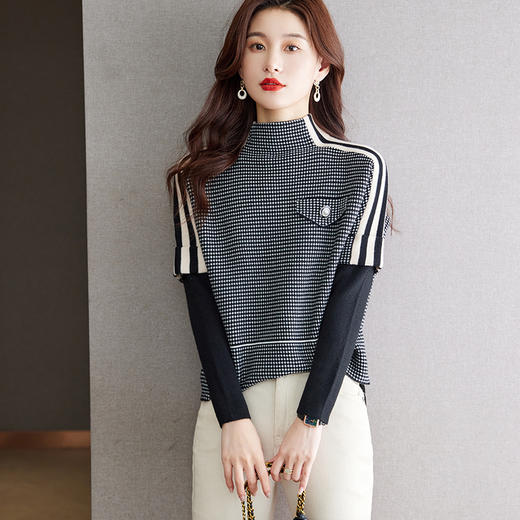 半高领细格纹毛衣，女秋冬新款假两件拼接长袖打底针织衫CC-JDS-8601 商品图1