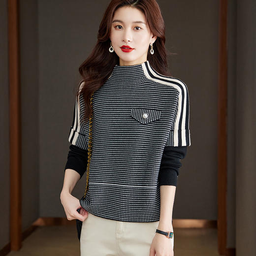 半高领细格纹毛衣，女秋冬新款假两件拼接长袖打底针织衫CC-JDS-8601 商品图2