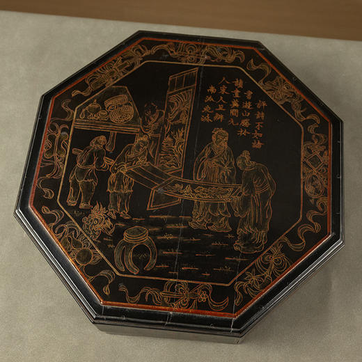 清 黑漆描金观画图八角盖盒 商品图2