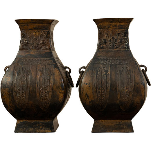 清 铜兽面蕉叶纹环耳方尊（一对） 商品图5