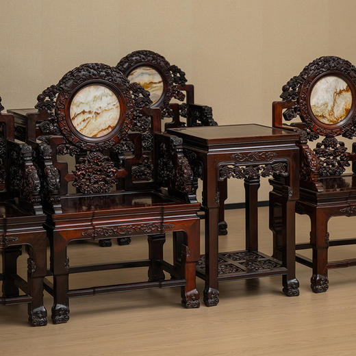 二十世纪 红木镶云石瘿木座面透雕灵芝纹扶手椅成堂（八椅四几） 商品图4