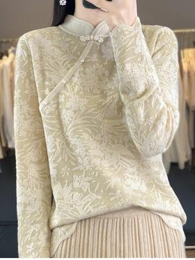 秋冬精纺羊毛衫纯色内搭毛衣蕾丝中式盘扣针织衫百搭QH-ZH2347