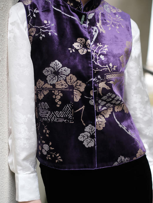 下架|盛唐牡丹 |真丝丝绒烫银对襟马甲 (四色可选) 商品图1