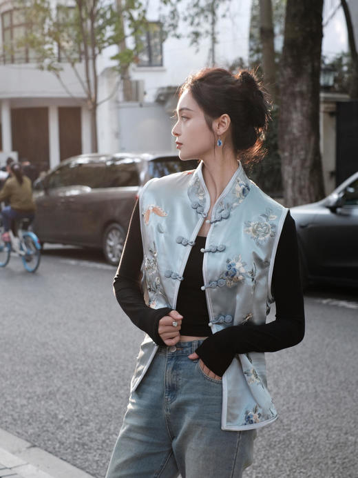 瑕疵| 盛唐牡丹|手推绣立领盘扣对襟马甲 [特价品](特殊商品不退不换) 商品图2