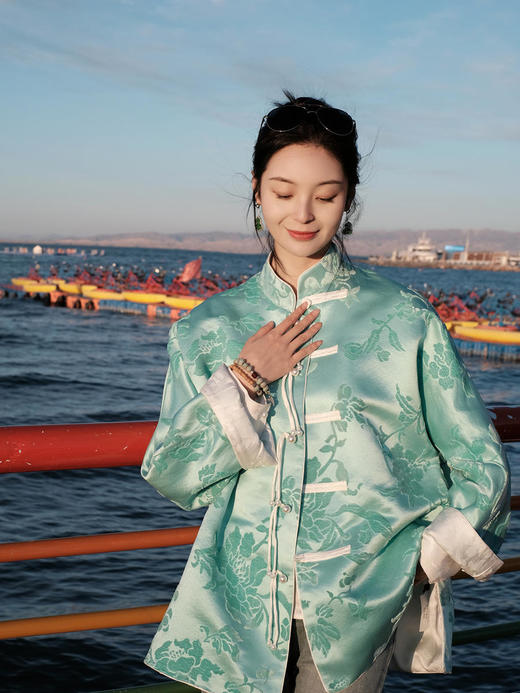 盛唐牡丹 |Tiffany蓝抽象牡丹漳绒外套 商品图11