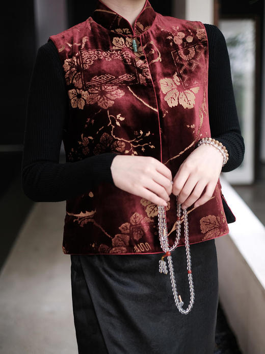 下架|盛唐牡丹 |真丝丝绒烫银对襟马甲 (四色可选) 商品图5