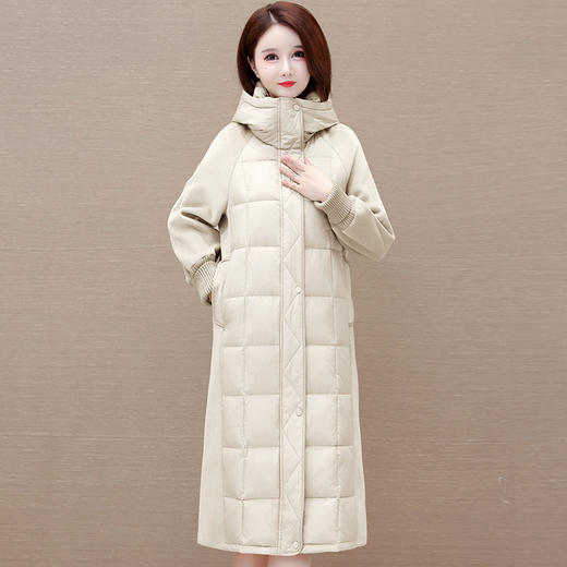 冬款长袖连帽时尚鸭绒外套，长款毛呢拼接洋气时髦保暖羽绒服QYM-XYKL-21125-L 商品图1