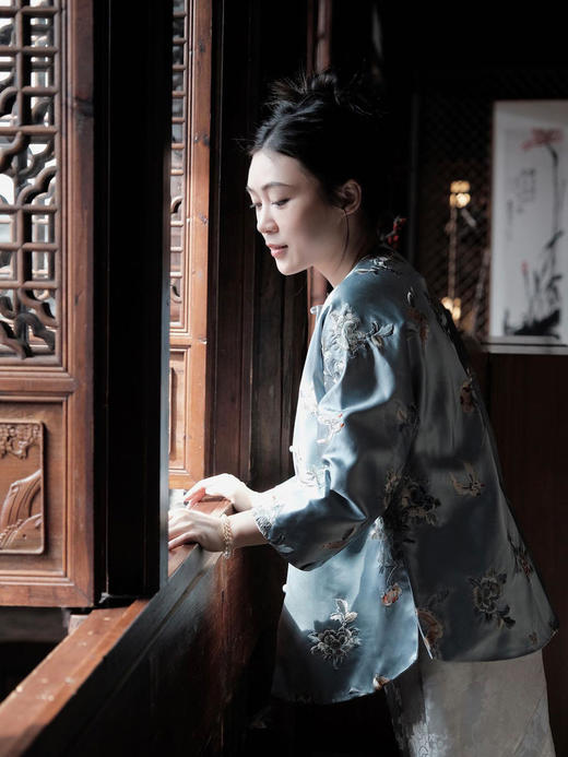 盛唐牡丹 |真丝手推绣对襟外套/白色蝶恋花真丝里布 商品图5