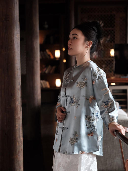 盛唐牡丹 |真丝手推绣对襟外套/白色蝶恋花真丝里布 商品图7