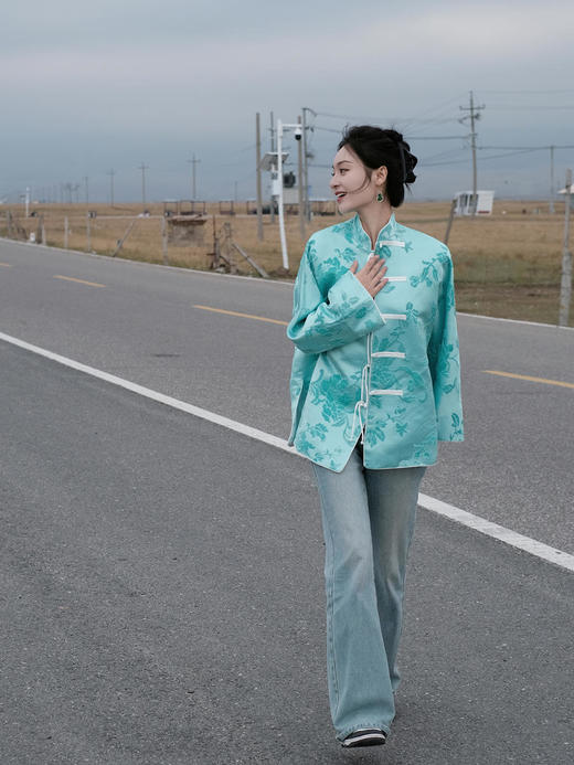 盛唐牡丹 |Tiffany蓝抽象牡丹漳绒外套 商品图9