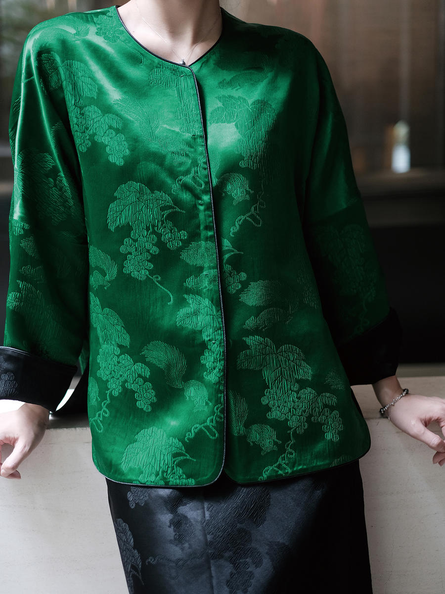盛唐牡丹 | 真丝冠乐绉松鼠葡萄纹双面穿外套