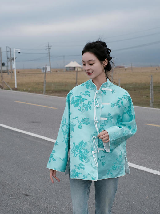 盛唐牡丹 |Tiffany蓝抽象牡丹漳绒外套 商品图0