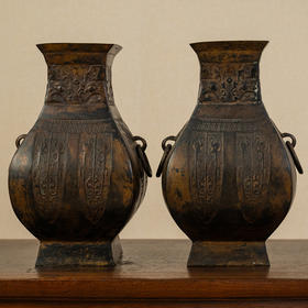 清 铜兽面蕉叶纹环耳方尊（一对）