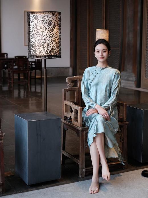 微瑕秒杀| 盛唐牡丹 |水蓝芙蓉花真丝提花斜襟旗袍裙[特价品](特殊商品不退不换) 商品图6