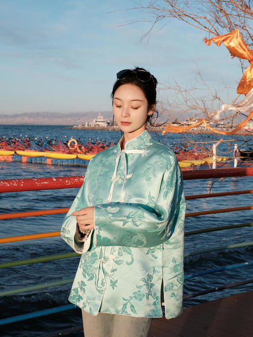 盛唐牡丹 |Tiffany蓝抽象牡丹漳绒外套 商品图13