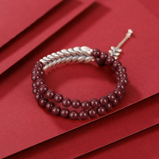 【穗穗平安】S990银足银朱砂复古麦穗圆珠双圈手串【CW-SL11563】手链 商品图2