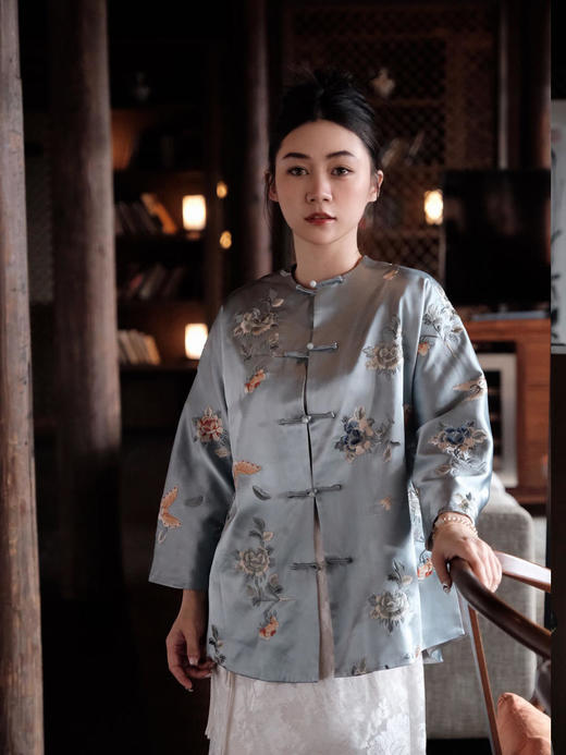 盛唐牡丹 |真丝手推绣对襟外套/白色蝶恋花真丝里布 商品图3