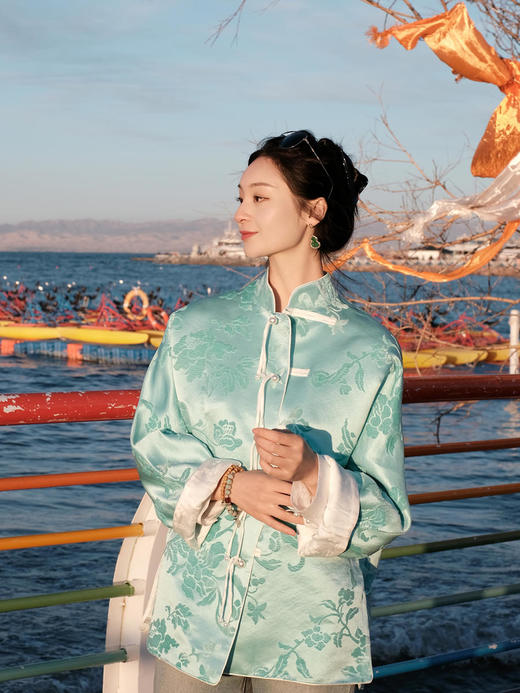 盛唐牡丹 |Tiffany蓝抽象牡丹漳绒外套 商品图5