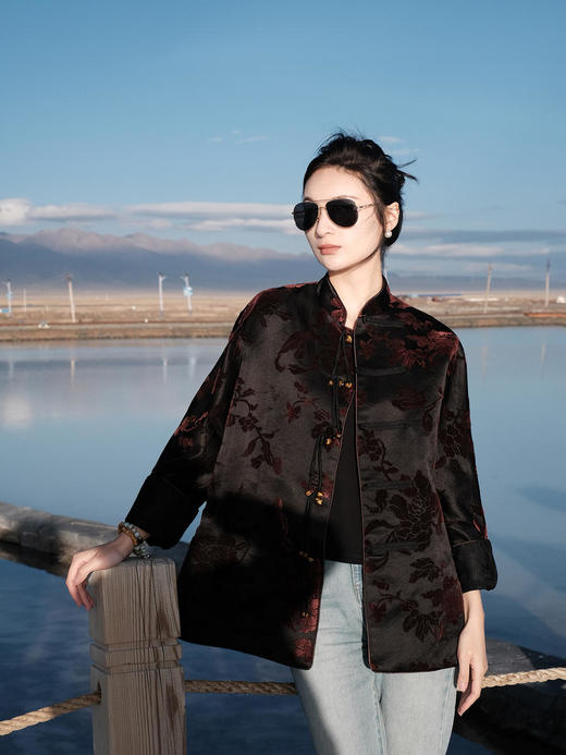 盛唐牡丹|酱色抽象牡丹漳绒外套 商品图0