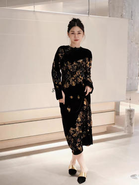 盛唐牡丹 |丝绒烫金改良旗袍裙
