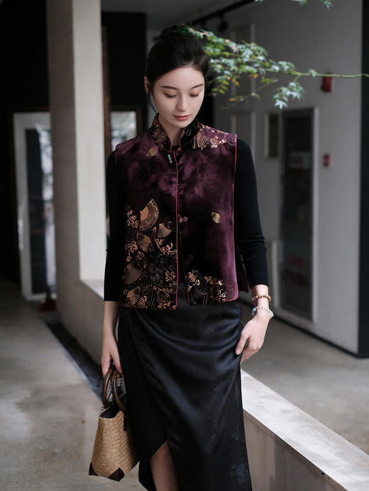 下架|盛唐牡丹 |真丝丝绒烫银对襟马甲 (四色可选) 商品图6