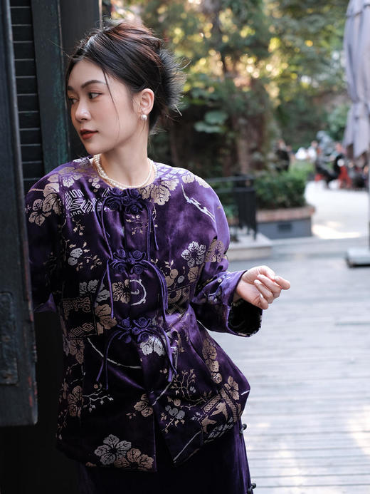 盛唐牡丹 |丝绒烫银对襟夹绵女外套-紫色 商品图3