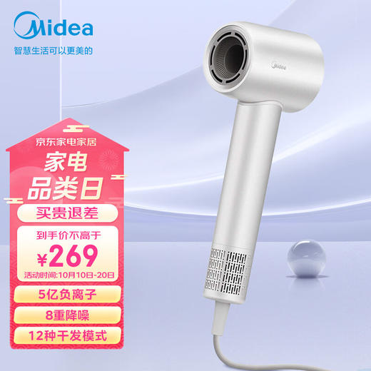 美的（Midea）FG208 高速吹风机家用吹风筒/大功率/高浓度负离子护发/大风力速干/低噪/送礼盒装电吹风 商品图1