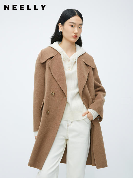 NEELLY纳俪商场同款骆驼绒羊毛大衣女双排扣西装领中长双面呢外套N23105N01114 商品图1